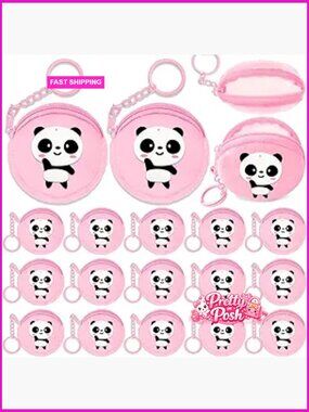 15 Pack Panda Mini Coin Purses with Keyring, Polyester, Kiss Lock Closure